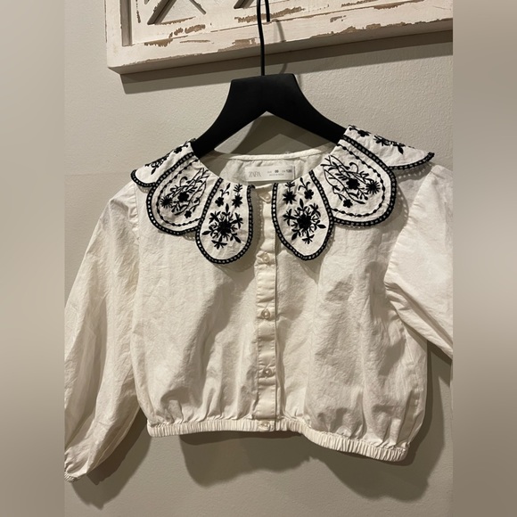 Zara Girls Cropped Button Up Blouse With Embroidered Bib Collar In White Size 8 - Picture 2 of 7